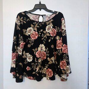 Anne‎ Klein black floral tunic top with flared sleeves Size XL